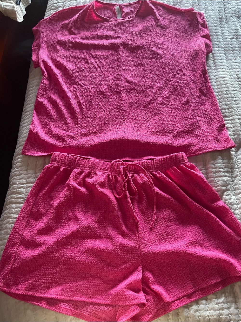 SHEIN Hot Pink Textured Lounge Shorts Set - two piece set